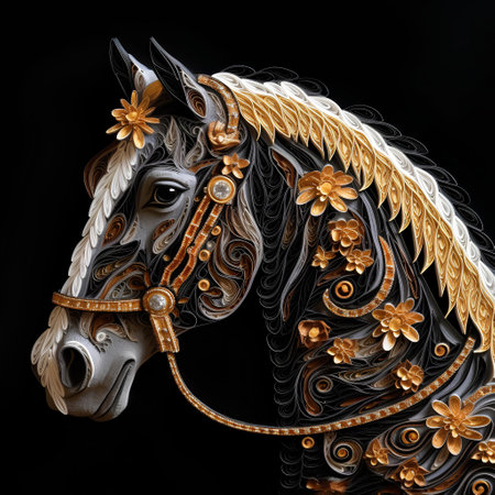 Beautiful horse head with golden ornaments on black background.の素材