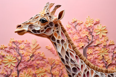 Giraffe paper cut style. 3d render illustration. Paper art style.の素材