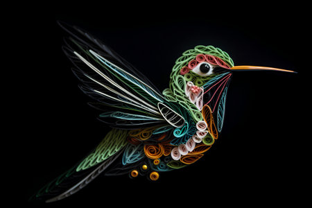 Colorful hummingbird isolated on black background. 3D illustration.の素材