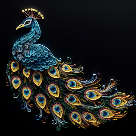 Peacock with colorful feathers on a black background. Hand-drawn illustration.の素材