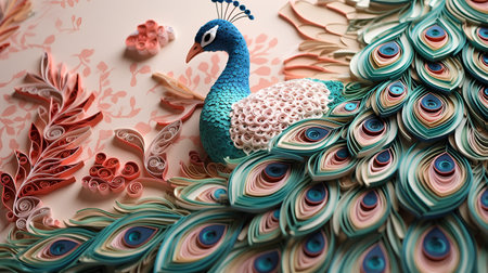 Peacock on a background of flowers. 3d illustration.の素材