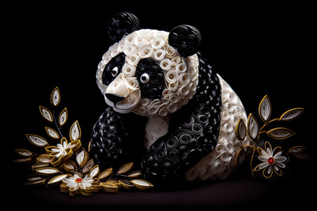 Black and white panda with flowers and gold jewelry on a black backgroundの素材