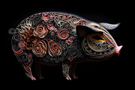 Pig with floral ornament on a black background. 3d illustrationの素材