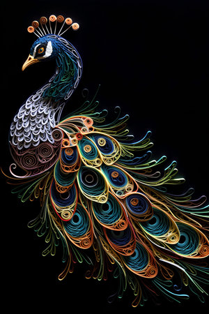 Beautiful peacock on a black background. Hand-drawn illustration.の素材
