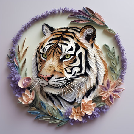 Tiger with flowers and leaves on a purple background. 3d illustrationの素材