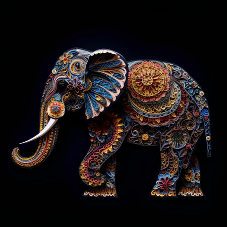 Colorful ornamental elephant isolated on black background. Indian elephant.の素材