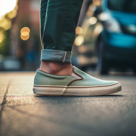 Close-up of a man's legs in green sneakers on the streetの素材