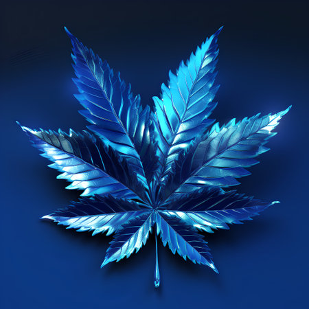 Marijuana leaf on dark blue background. 3d rendering, 3d illustration.の素材