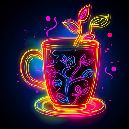 Cup of tea with floral pattern in neon style. Vector illustration.の素材