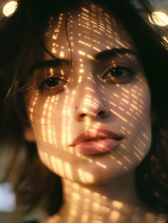 Close-up portrait of a beautiful young woman with sunbeams on her faceの素材