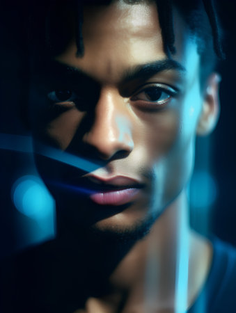 Portrait of a handsome young african american man in neon light.の素材