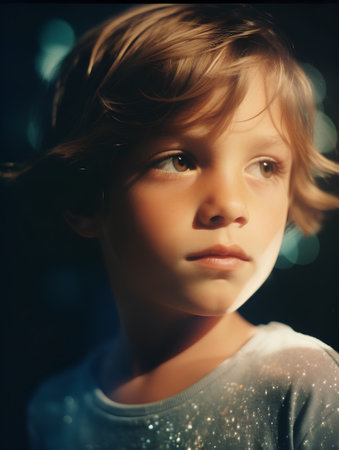 portrait of a beautiful little girl on a dark blue background.の素材