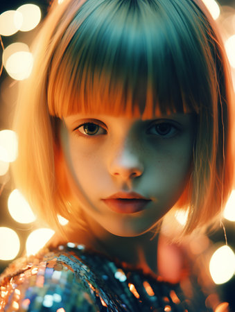 Portrait of a beautiful little girl with long blond hair and blue eyesの素材