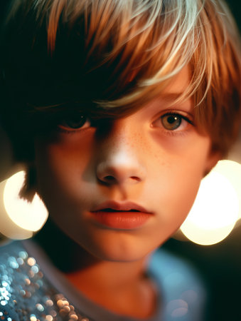 Portrait of a cute little boy with blond hair, close-up.の素材
