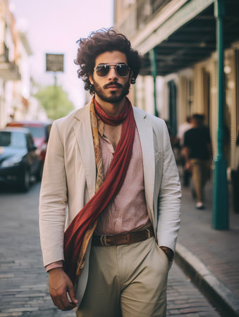 Handsome young man with curly hair wearing a white jacket, red scarf and sunglasses on a city street.の素材