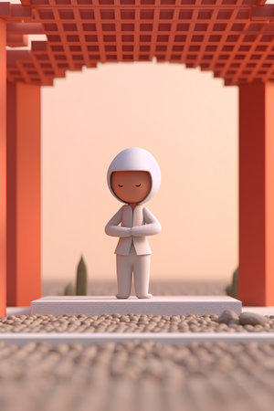3d rendering of a cartoon character standing in front of a gateの素材
