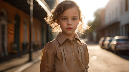 Portrait of a beautiful little girl with curly hair in the city at sunsetの素材