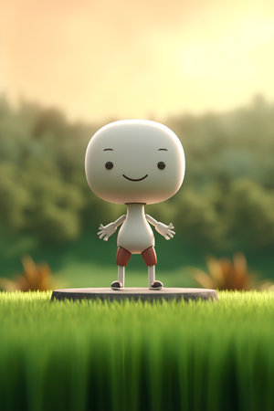 Smiling cartoon character standing on grass. 3d render illustration.の素材