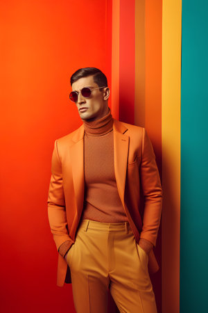 Handsome young man in stylish orange jacket and sunglasses posing over colorful background.の素材