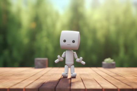 3d render of robot standing on wooden table with green background.の素材