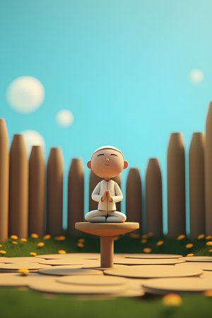 3d render of little boy meditating in the park. 3d illustration.の素材