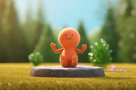 Funny orange cartoon character sitting on a stone. 3d renderingの素材