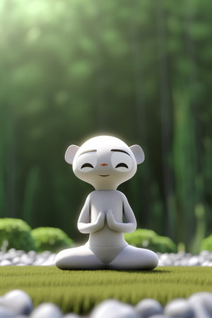 3d render of little boy meditating in lotus position in the parkの素材
