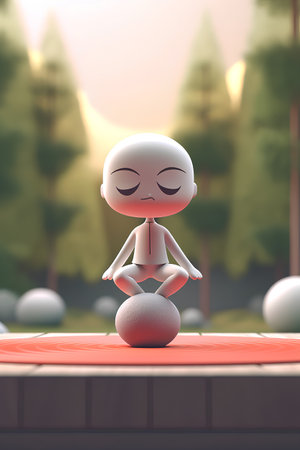 3d render of a cute little boy practicing yoga in the parkの素材