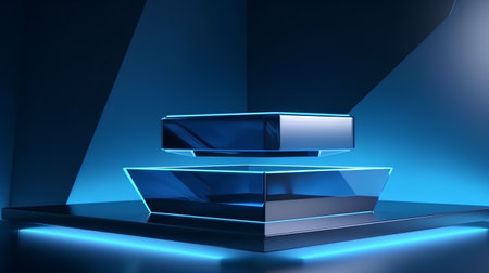 3d render of abstract background with glass podium and blue light.の素材
