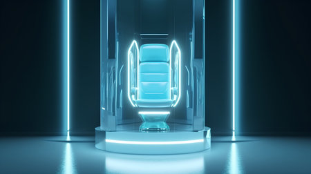 Futuristic blue neon podium, 3d rendering. Computer digital drawing.の素材