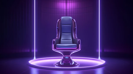 3d rendering of a chair in a dark room with neon lightsの素材