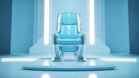 3d rendering of blue chair in the room with neon lights.の素材