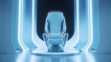 Abstract blue background with empty podium, 3d render. Futuristic interior design.の素材