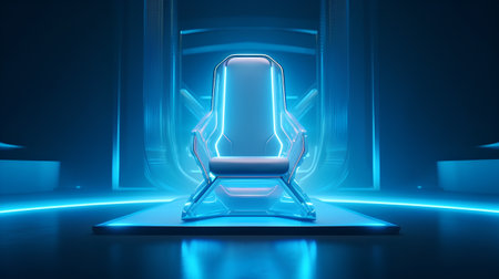 3d rendering of a chair in a dark room with neon lightsの素材