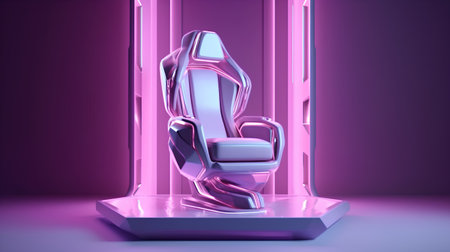 3D rendering of a futuristic chair in neon light on a purple backgroundの素材