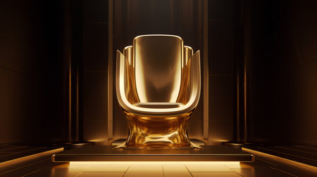 3d rendering of a golden chair on a pedestal in a dark roomの素材