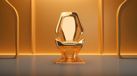 3d rendering of a golden chair in the middle of a roomの素材