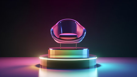 3d rendering of a podium with a chair in neon light.の素材