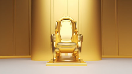 golden throne isolated on white background. 3d render illustration.の素材
