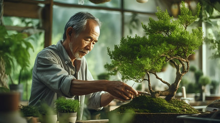 Elderly man working with bonsai in his home gardenの素材