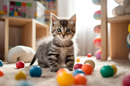 Cute little kitten playing with colorful balls in children's room.の素材