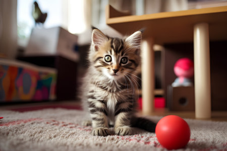 Cute little bengal kitten sitting on the carpet with red ballの素材