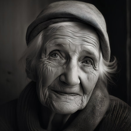 Portrait of an elderly woman in a hat. Black and white photo.の素材