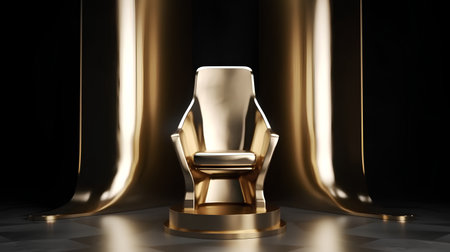 golden chair on a black background with drapery, 3d renderの素材