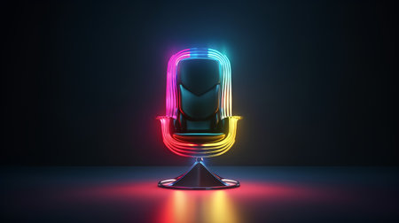 Retro microphone in neon style on dark background. 3d renderingの素材