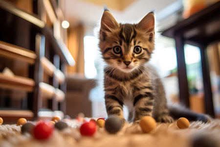 Cute tabby kitten playing with easter eggs at home.の素材