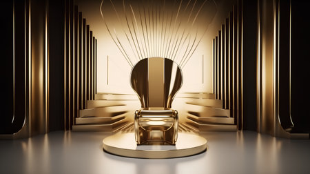 golden pedestal on stage with golden curtains 3d render illustrationの素材