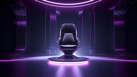 3d rendering of a black chair on a purple background with neon lightsの素材