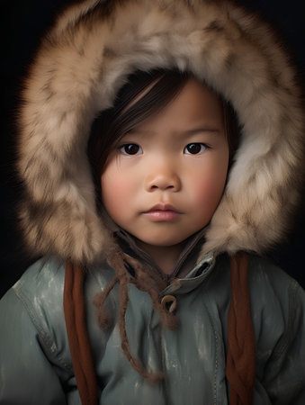 Little asian girl in winter clothes with fur hood. Studio shot.の素材