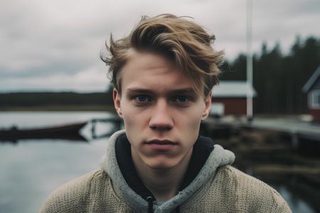 Portrait of a handsome young man with blond hair in the portの素材